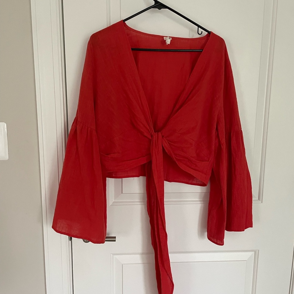Source Unknown Red Bell Sleeve Crop Blouse